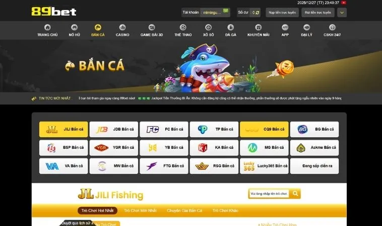 Đa dạng các nhà cung cấp game bắn cá chất lượng hợp tác với nhà cái 89BET
