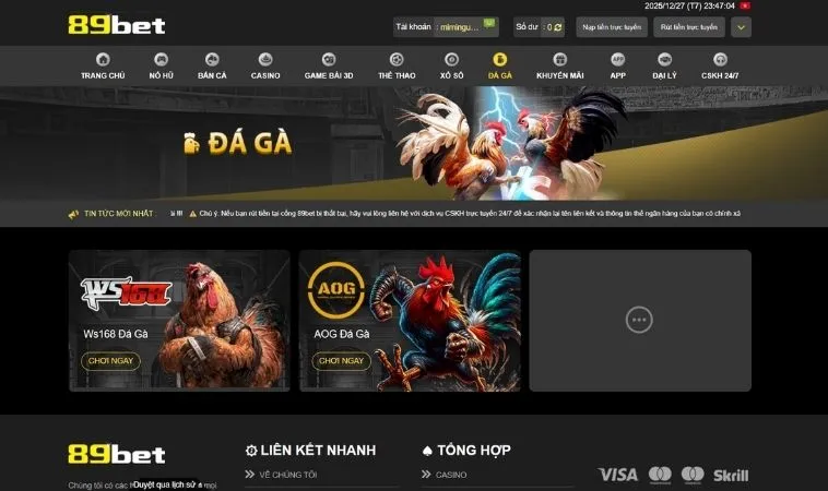 Sảnh đá gà 89BET thiết kế giao diện đẹp, chuyên nghiệp