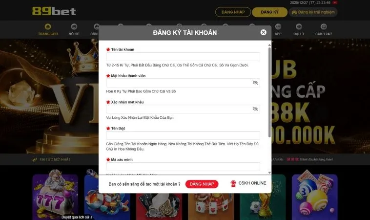 Giao diện đăng ký 89Bet