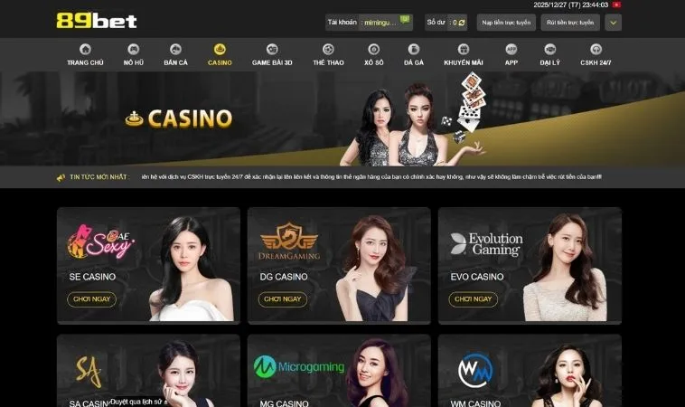 Đa dạng các sảnh casino online hợp tác với nhà cái 89BET