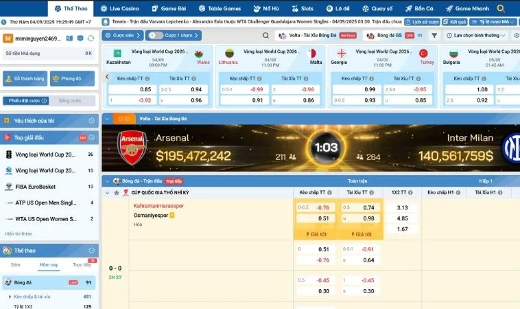 Giao diện cá cược kèo bóng đá 89Bet
